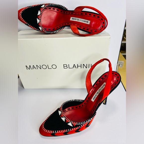 Manolo Blahnik Red and Black Patterned Suede snd Leather Heels Authentic - Picture 5 of 13